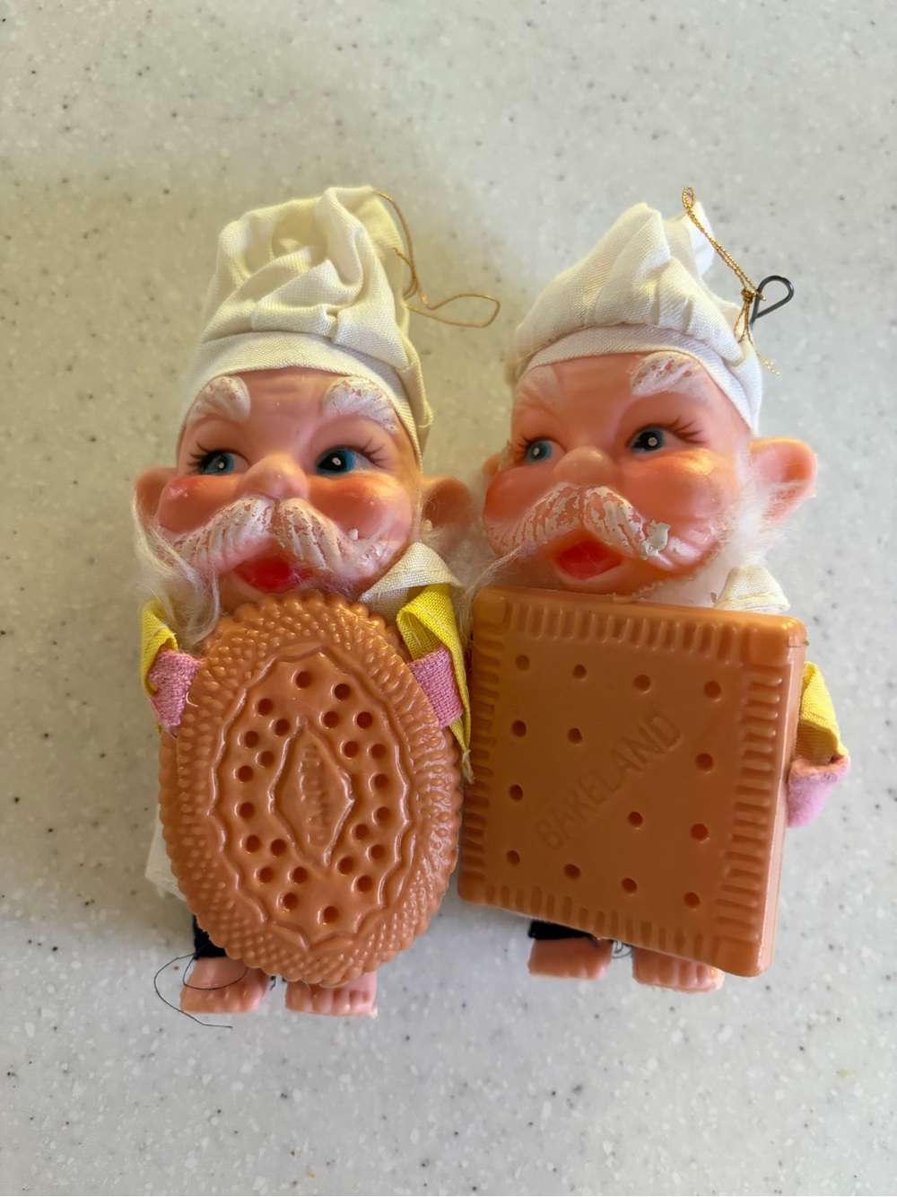 Vintage Christmas 50’s Pair of Elf Bakers Cookie & Cracker Ornaments Pink Yellow